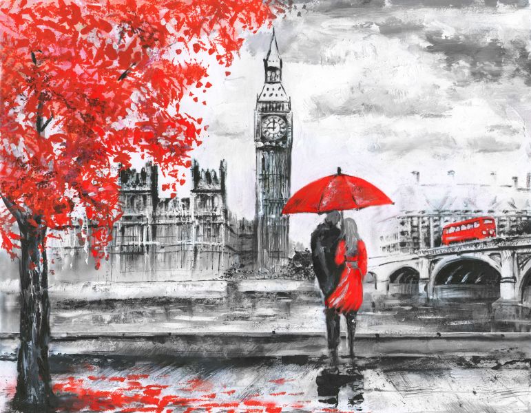 Картина на холсте Влюбленные с красным зонтом в Лондоне, арт hd0809801